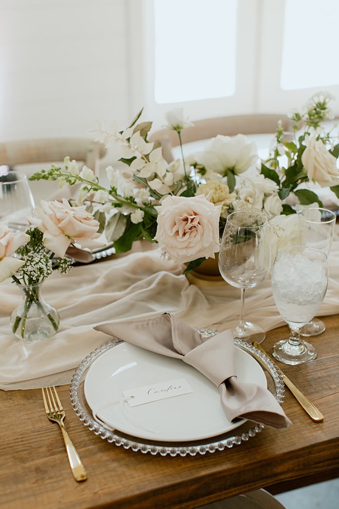 reception decor, sheer runner, champagne, modern, boho, wedding, floral centerpiece, roses, farm table