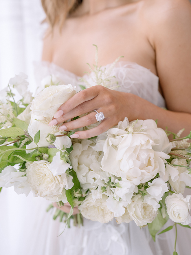 bridal bouquet, white, ivory, engagement ring, diamond, emerald cut, silver, white gold