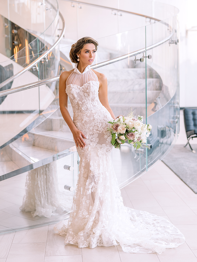 bridal portrait, halter bridal gown, galia lahav, misty rockwell artistry, bridal hair, bridal makeup, updo, natural, blush, white, ivory, bridal bouqet, post oak hotel, marble stairs, luxury wedding, editorial, inspiration