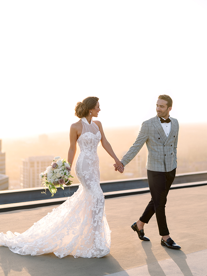 halter bridal gown, bride, groom, luxury, wedding editorial, inspiration, stephania campos, helicopter, helicopter pad, post oak hotel, uptown, houston