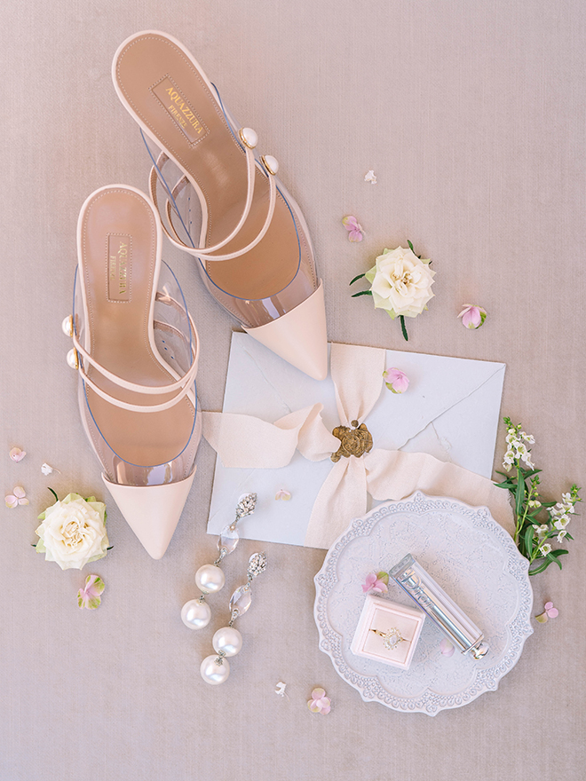 bridal shoes, blush, pearl earrings, engagement ring, engagement ring box, flat lay, stephania campos photography