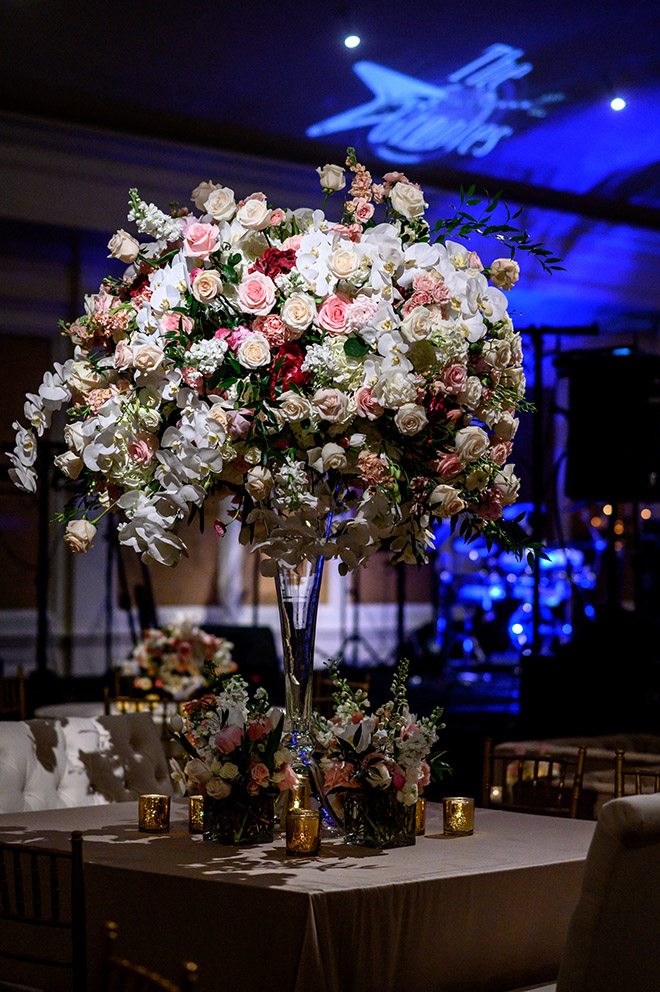 country club, reception decor, plants n petals, tall wedding centerpieces, floral centerpieces, white, cream, pink