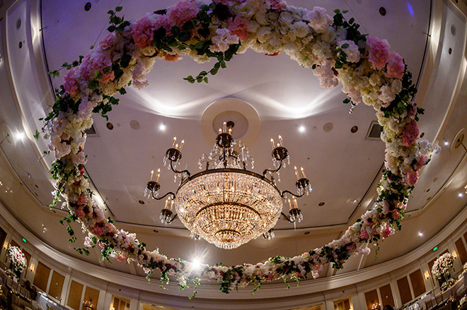 floral chandelier, unique reception decor, plants n petals, pink, white, cream, greenery