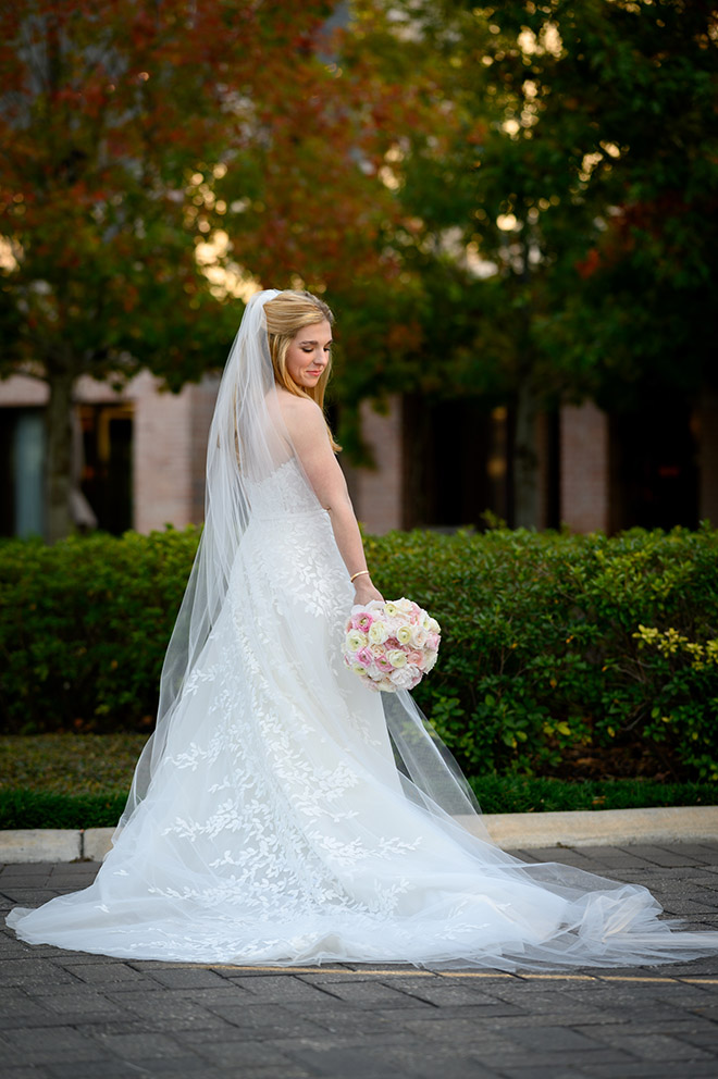 long veil, bridal gown, strapless, floral embroidery, bridal portrait, bridal bouquet, pink, white, creams