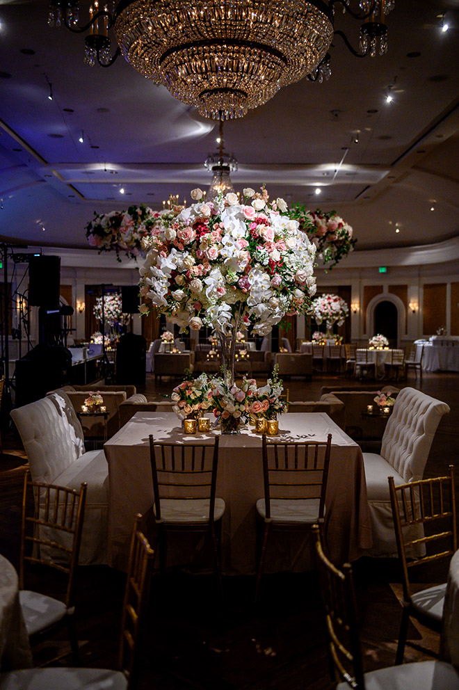 country club, reception decor, plants n petals, classic wedding, tall wedding centerpieces, floral centerpieces, white, cream, pink. wedding table, candles