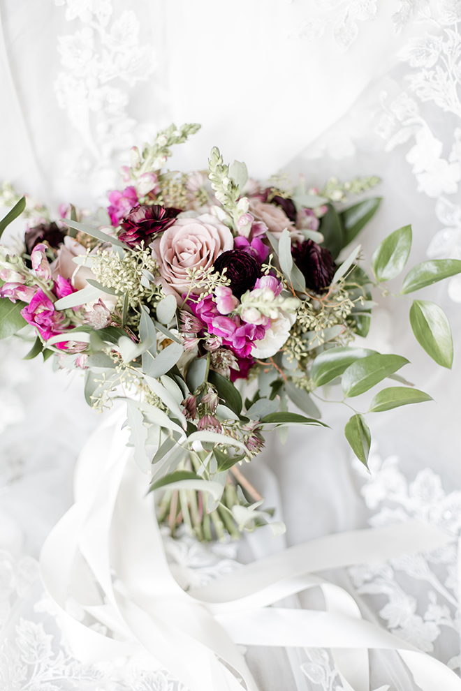 bridal bouquet, mauve, blush, greenery, roses, purple