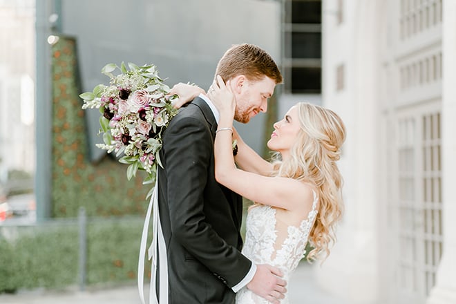 couple portrait, outdoor photography, bridal bouquet, bride, groom, bridal hair, groomswear, blush