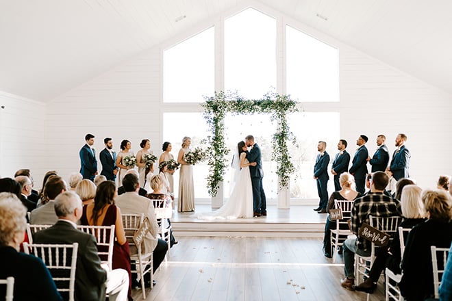 chic wedding, ceremony, decor, simple, greenery, arch, altar, indoor, emily figurelli photography, white