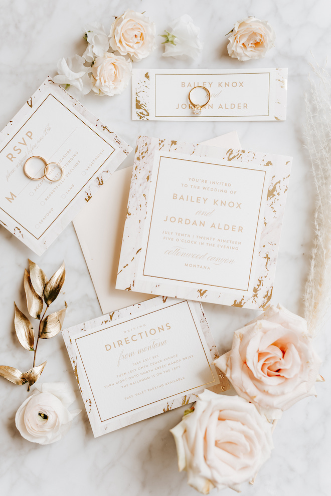 invitation suite, blush, gold, white, roses, rings, minted, painterly, marble, flat lay, custom invitations, RSVP, Four Seasons Hotel Houston, modern