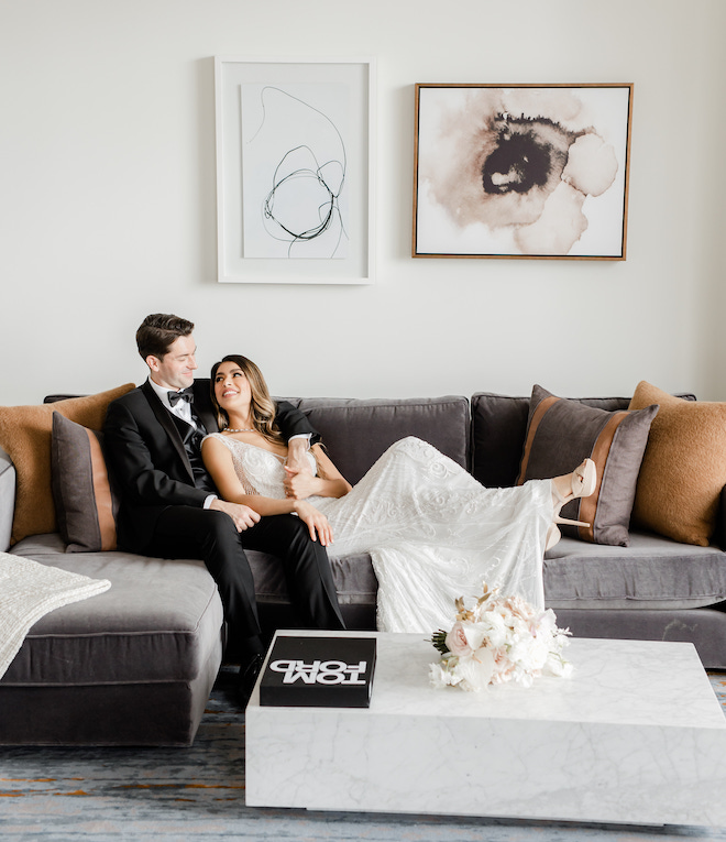 downtown houston, hotel suite, modern industrial, tuxedo, beaded gown, bridal style, bouquet, champagne, flutes, cityscape, Four Seasons Hotel Houston