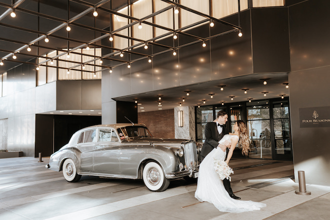 downtown, four seasons hotel houston, malleret designs, bouquet, tom ford, marble, velvet, couch, bride and groom, wedding gown, high heels, heels, tuxedo, sophisticated, city chic