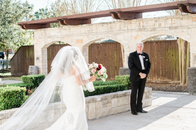 Father sees bride for the first time on the wedding day. 