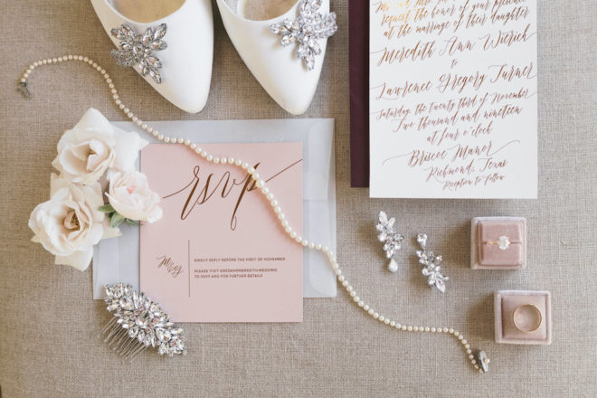 Blush wedding invitations with white crystal embellished wedding heels. 