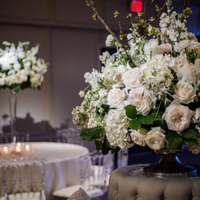 White rose floral arrangement decor in venue by tanglewood flowers and garden