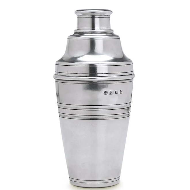Stainless steel cobbler shaker available at Bergdorf Goodman to make summer drinks.