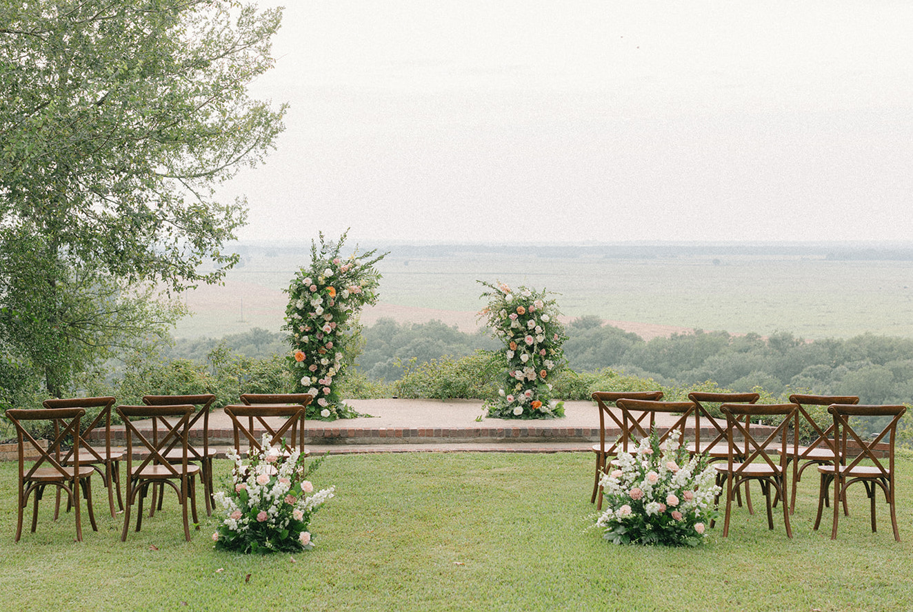 Artfully curated southern hill country wedding ceremony set up.