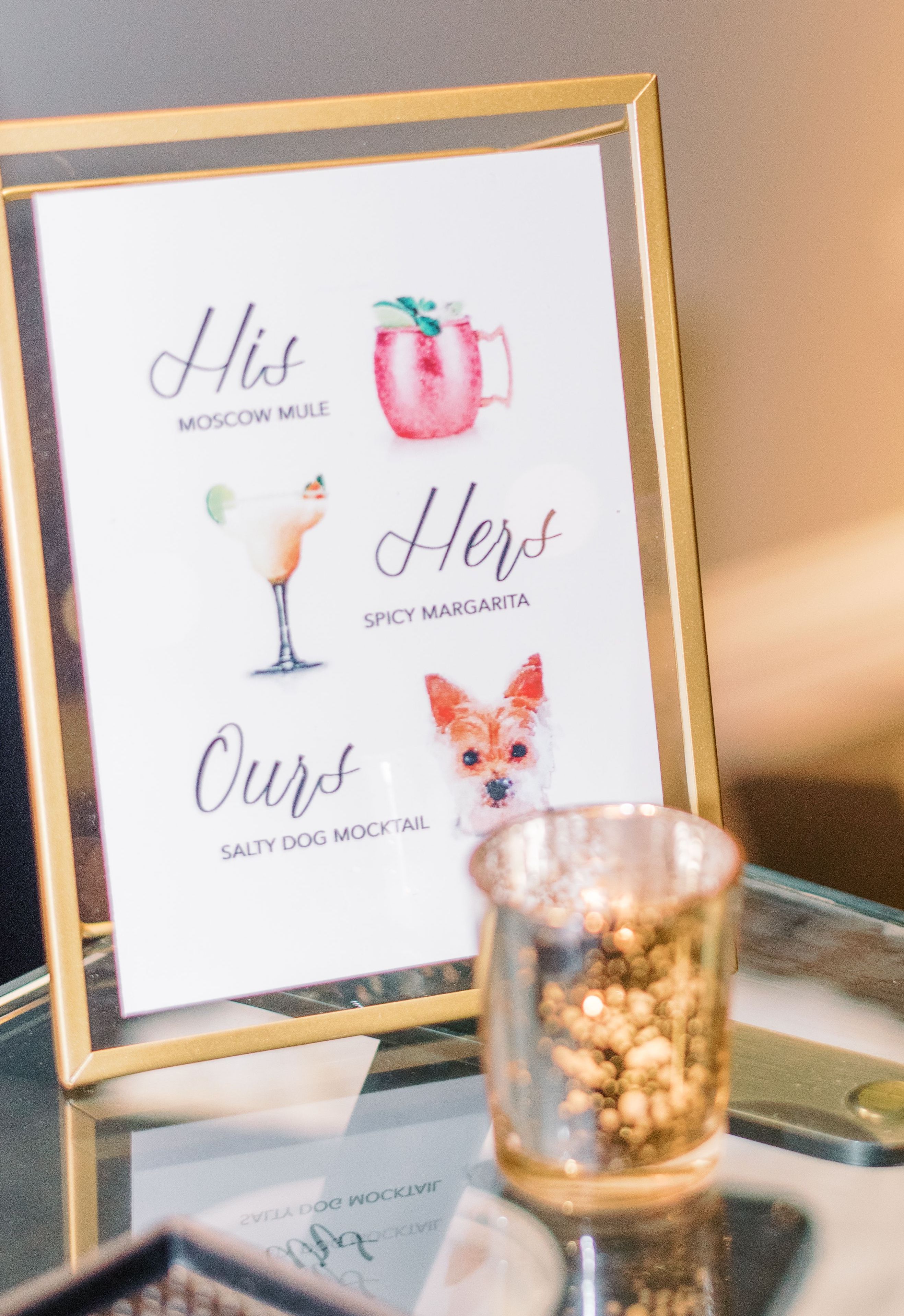 Wedding cocktail menu for the bride, groom and their dog.