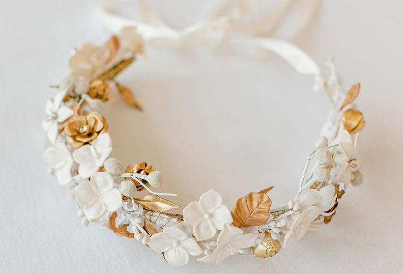 The bride's flower crown that she will wear for her friendly spring wedding.