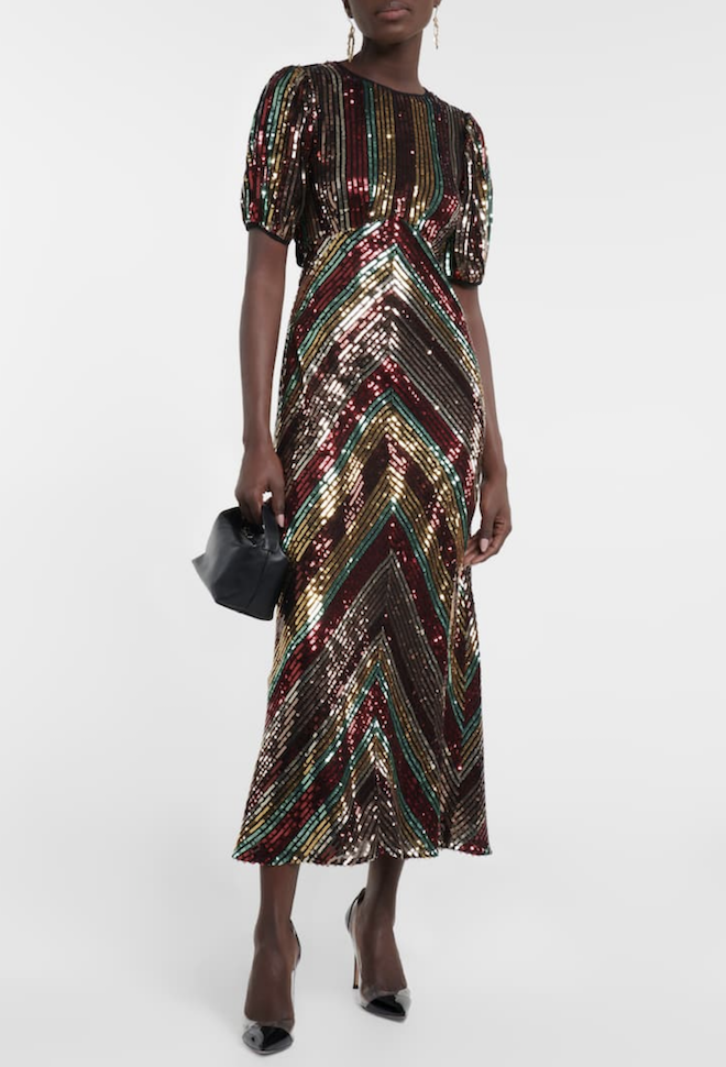 Multicolored, chevron-patterned sequin midi dress by Rixo