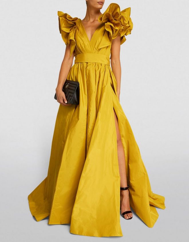 Canary yellow ruffle-shoulder taffeta gown by designer, Elie Saab.