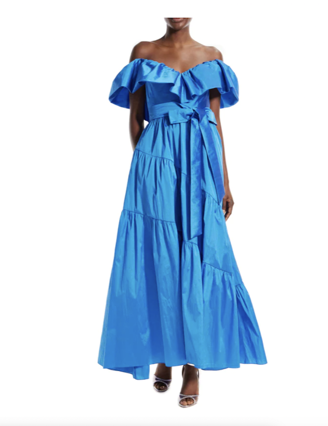 Ocean blue off the shoulder maxi dress with a bow.