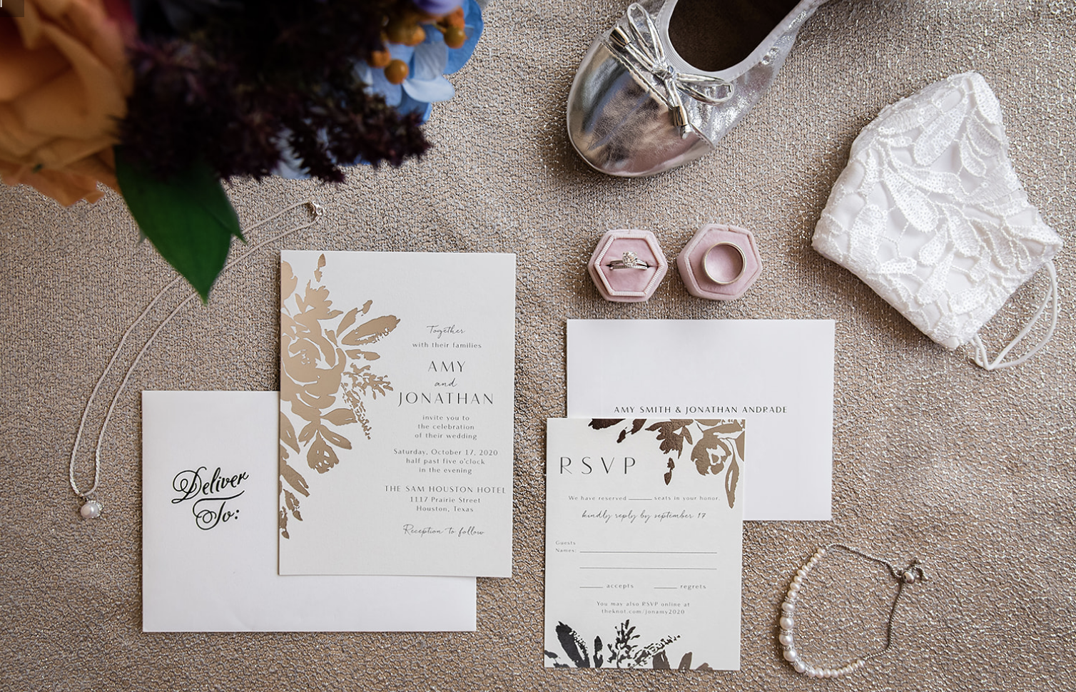 A flat-lay of Amy and Jonathan's whimsical wedding.