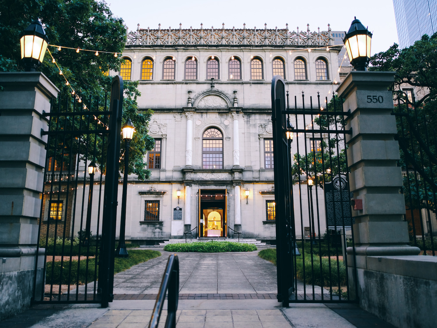 A front view of the elegant classic Julia Ideson Library in Downtown Houston.