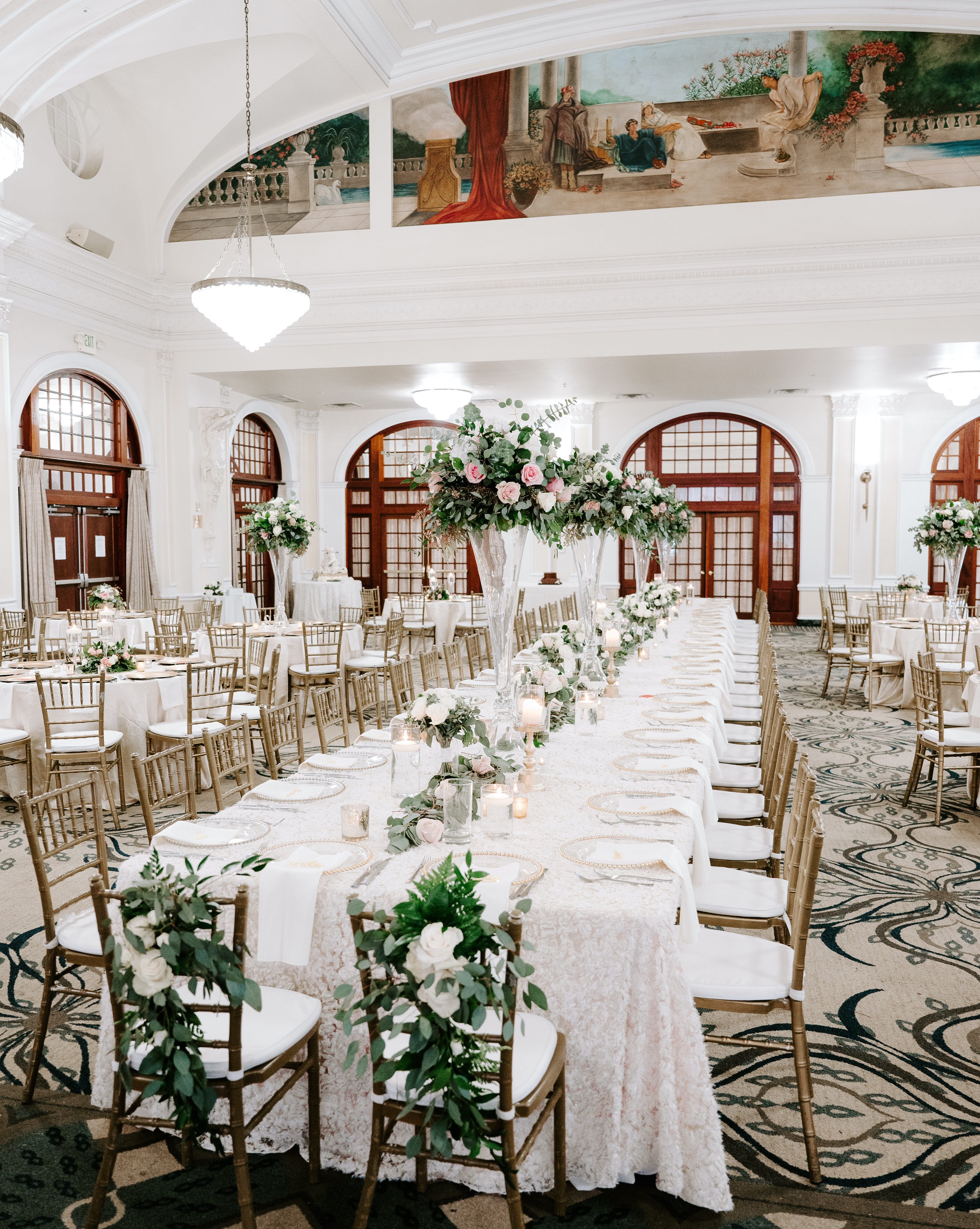 A full view of the reception room for the elegant rainy wedding.