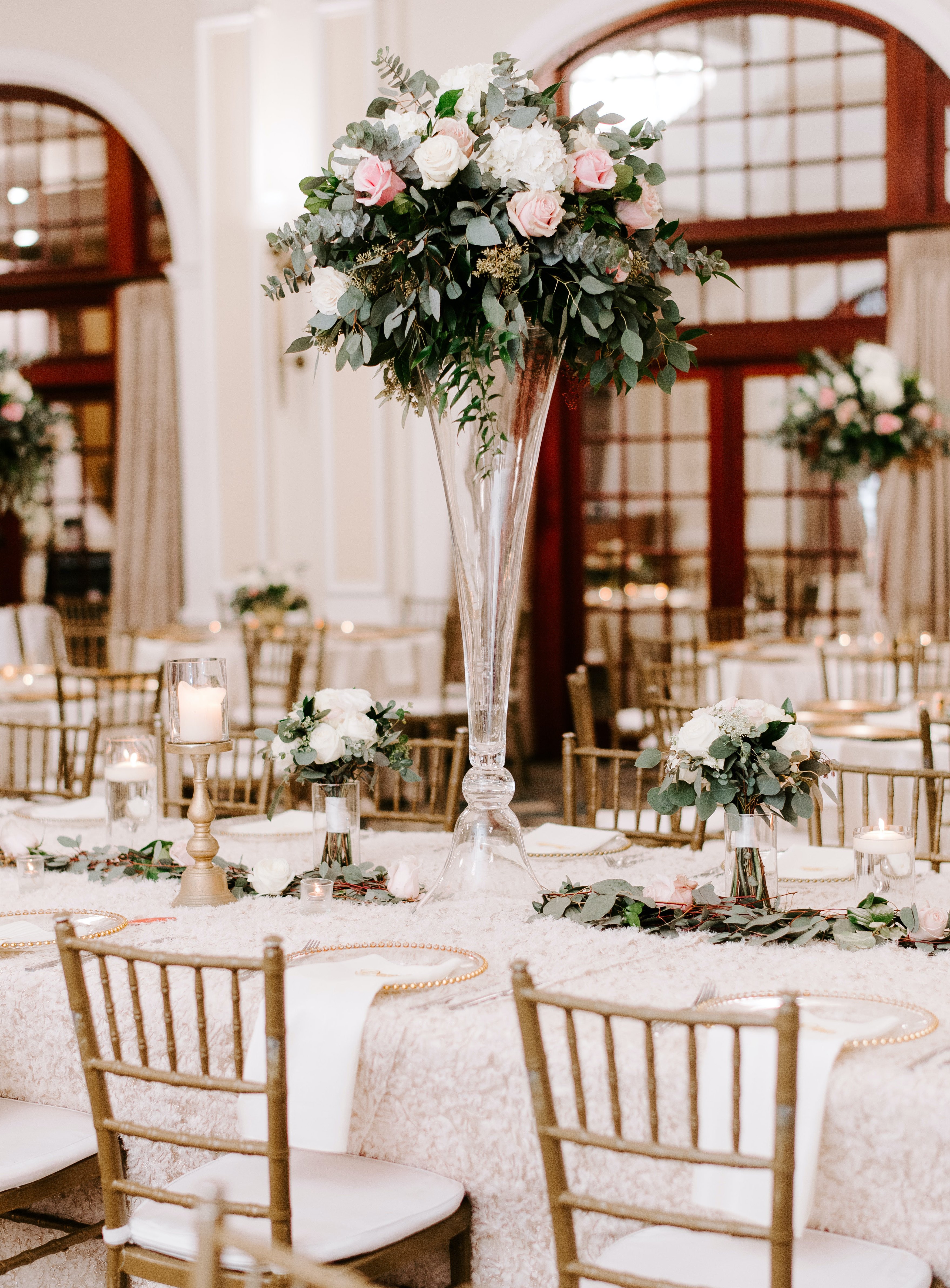 A floral centerpiece in the reception room of The Crystal Ballroom.