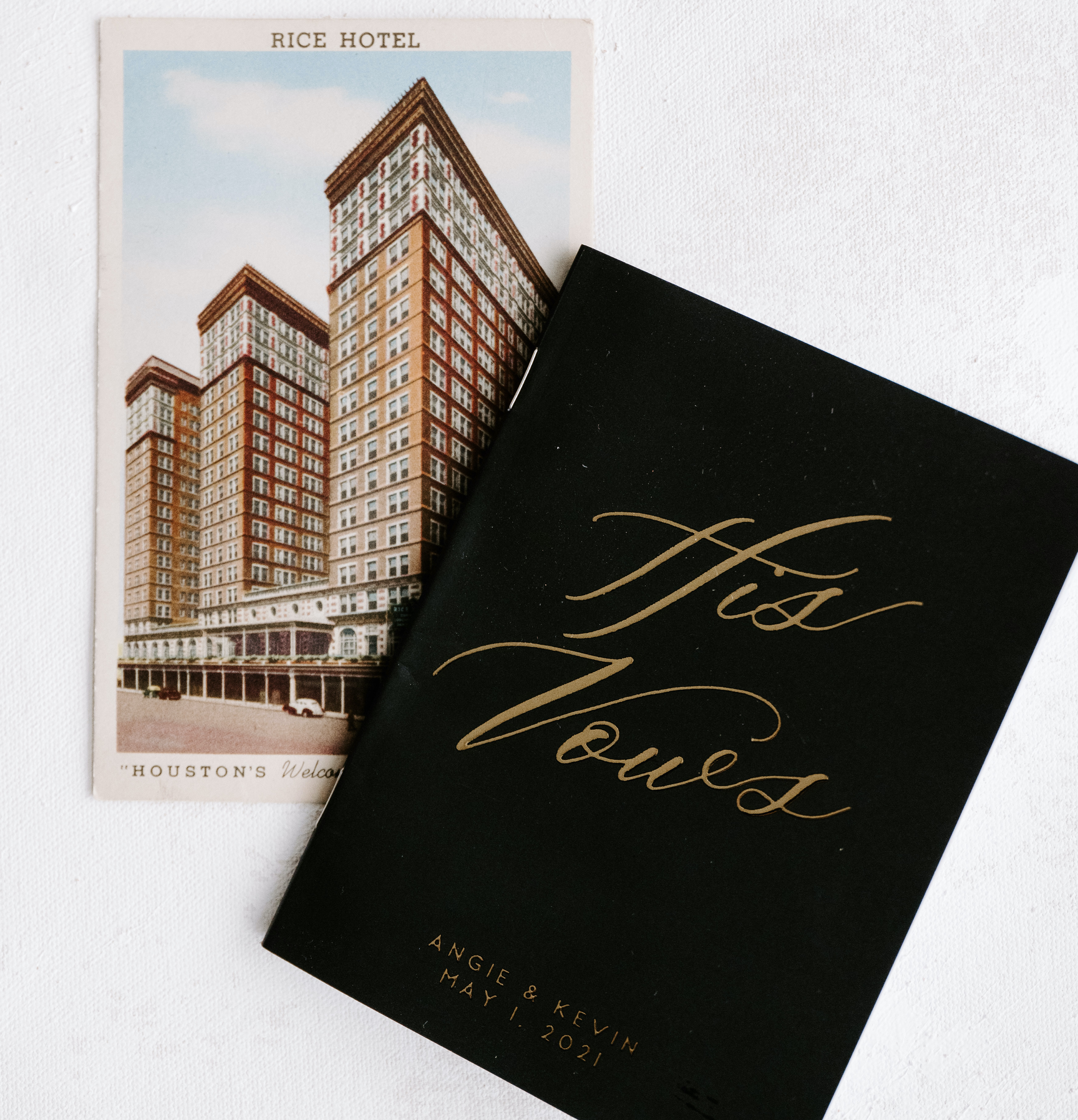 The groom's vows and a Rice Hotel postcard.