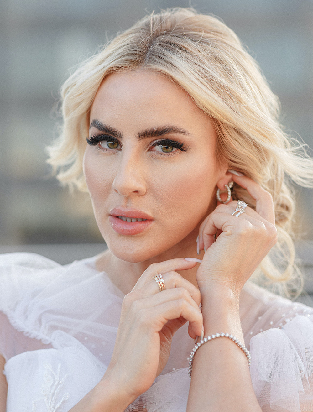 An up close photo of the bride's makeup for the ethereal rooftop wedding styled shoot.