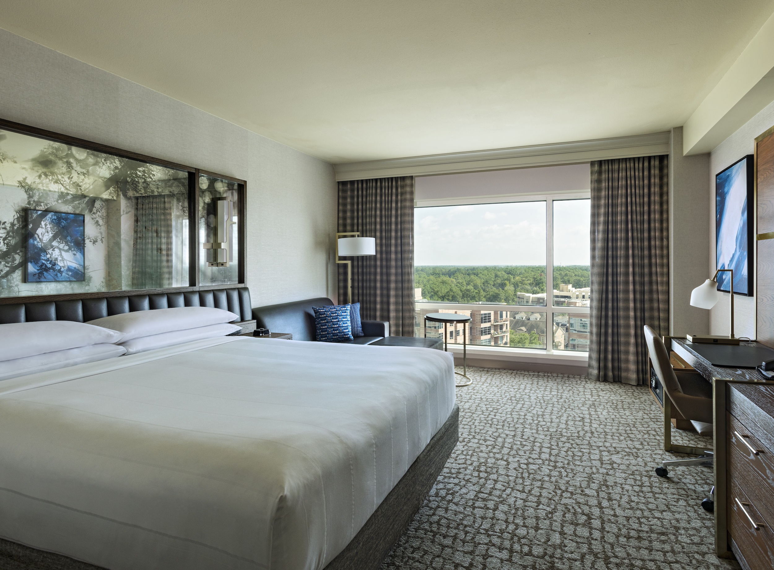 One of the king hotel rooms at The Woodlands Waterway Marriott Hotel, which has beautiful waterfront views.