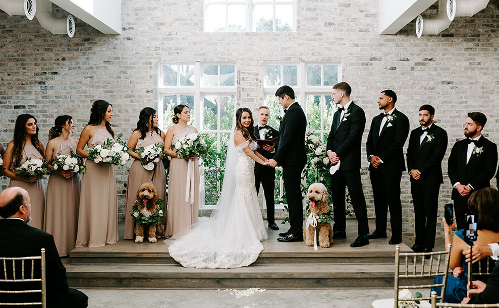 The bride and groom stand on the altar with their dogs by their side. 