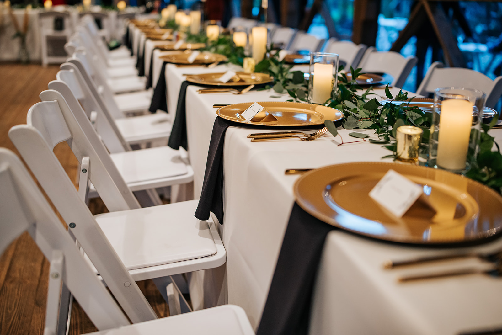 A detailed photo of the family-style reception table at 7F Lodge, a wedding venue in College Station, TX.