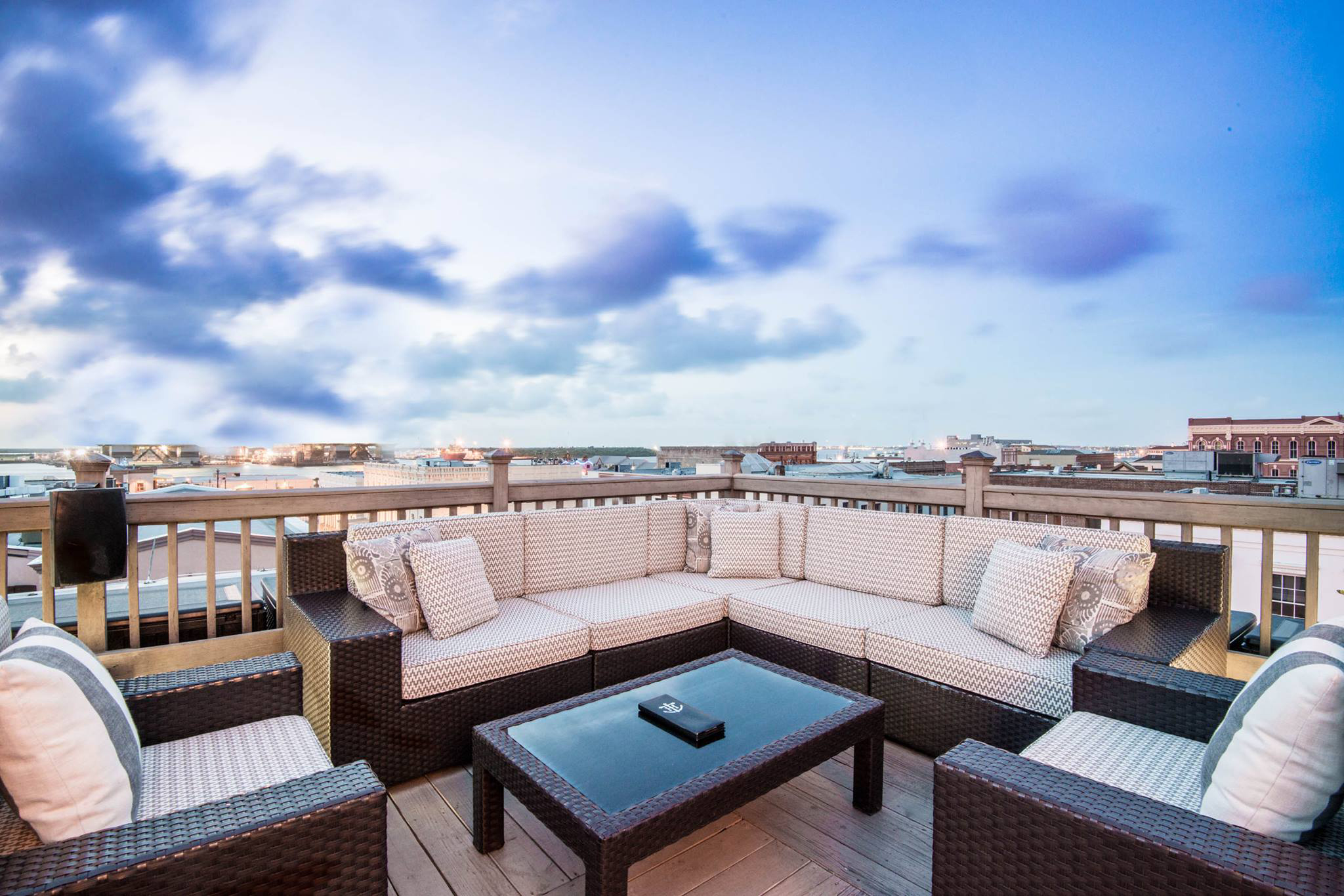 A pretty outdoor view from the Rooftop bar at the Tremont House in Galveston, TX.