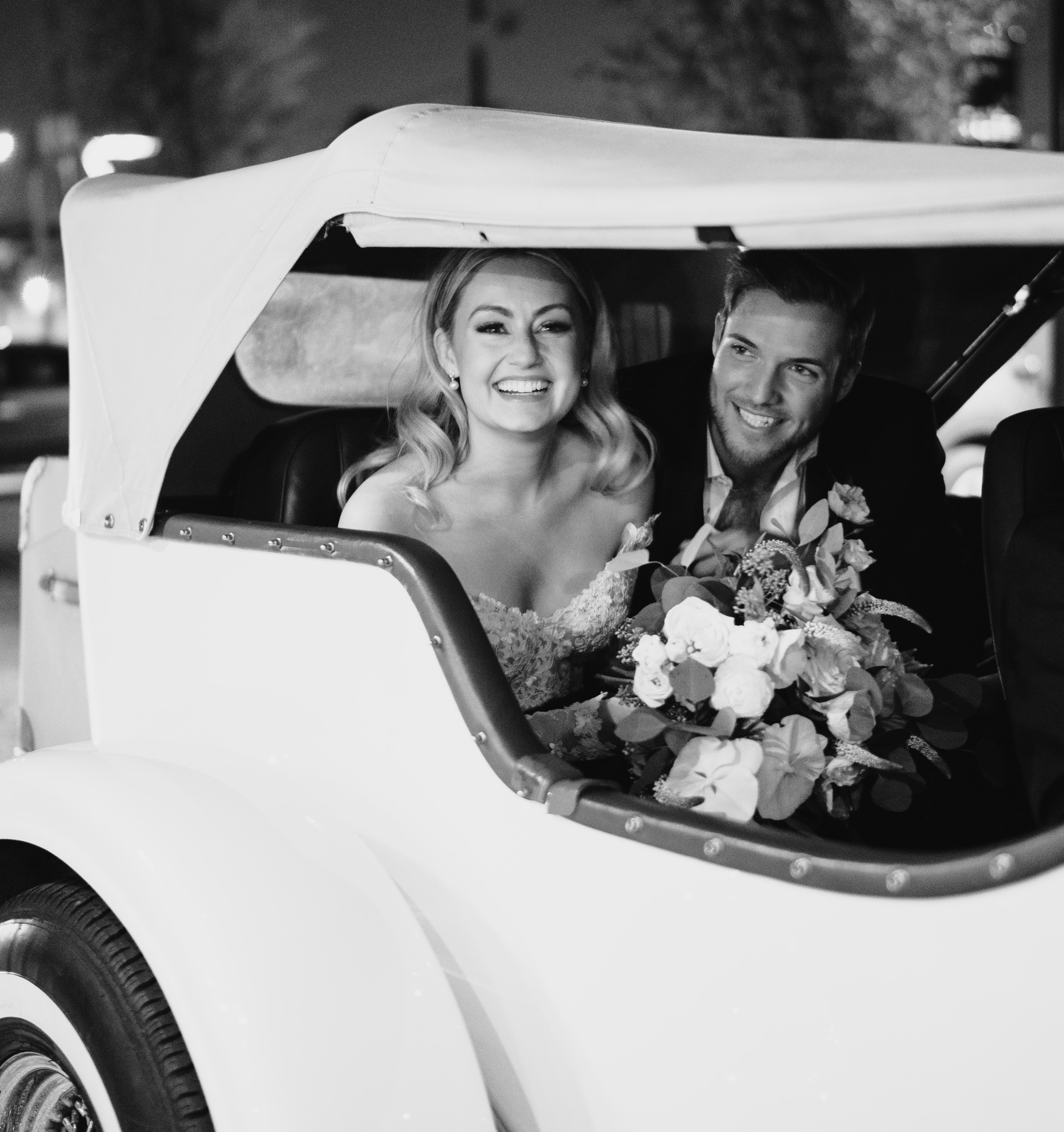 Christina Creedon and Jordan Kimball drive away from their wedding in Houston, TX.