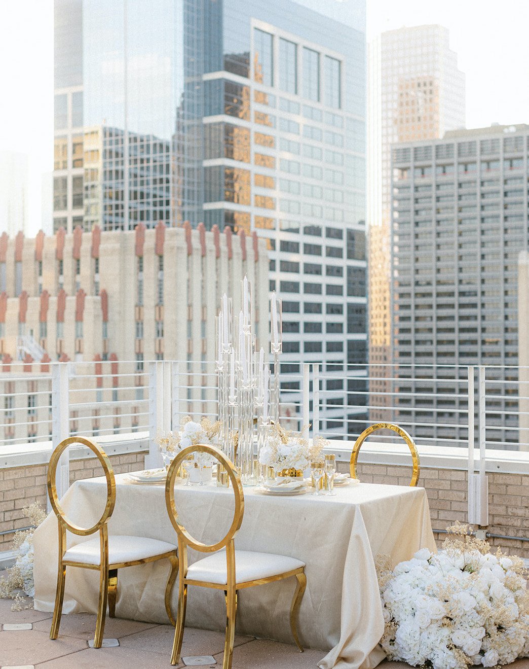 A rooftop wedding set up at the Le Méridien hotel in Houston, TX.