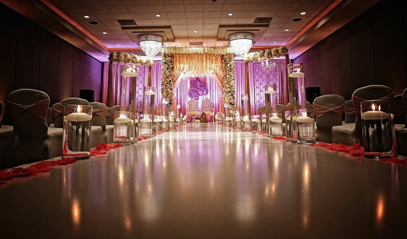 A South Asian wedding ceremony is set up at the Sheraton Houston Brookhollow Hotel in Houston, TX.
