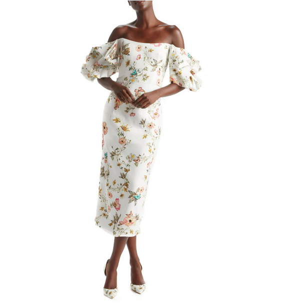 A midi off-the-shoulder puff-sleeve dress designed by Monique Lhuillier with colorful flowers and butterfly patterns on it.