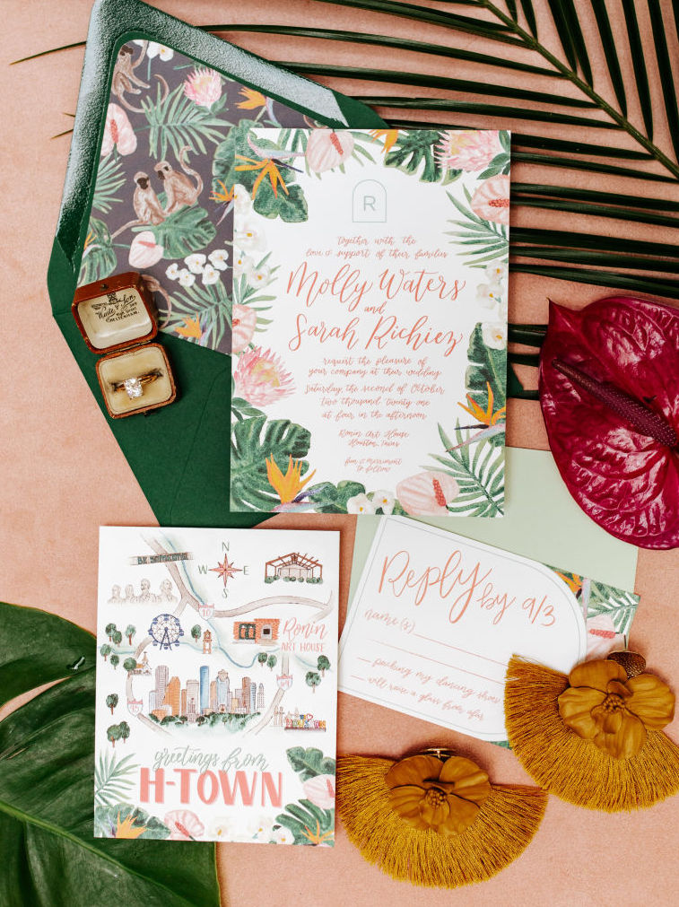 Tropical wedding flat lay of stationery for a tropical and bold colorful wedding styled shoot in Houston, TX.