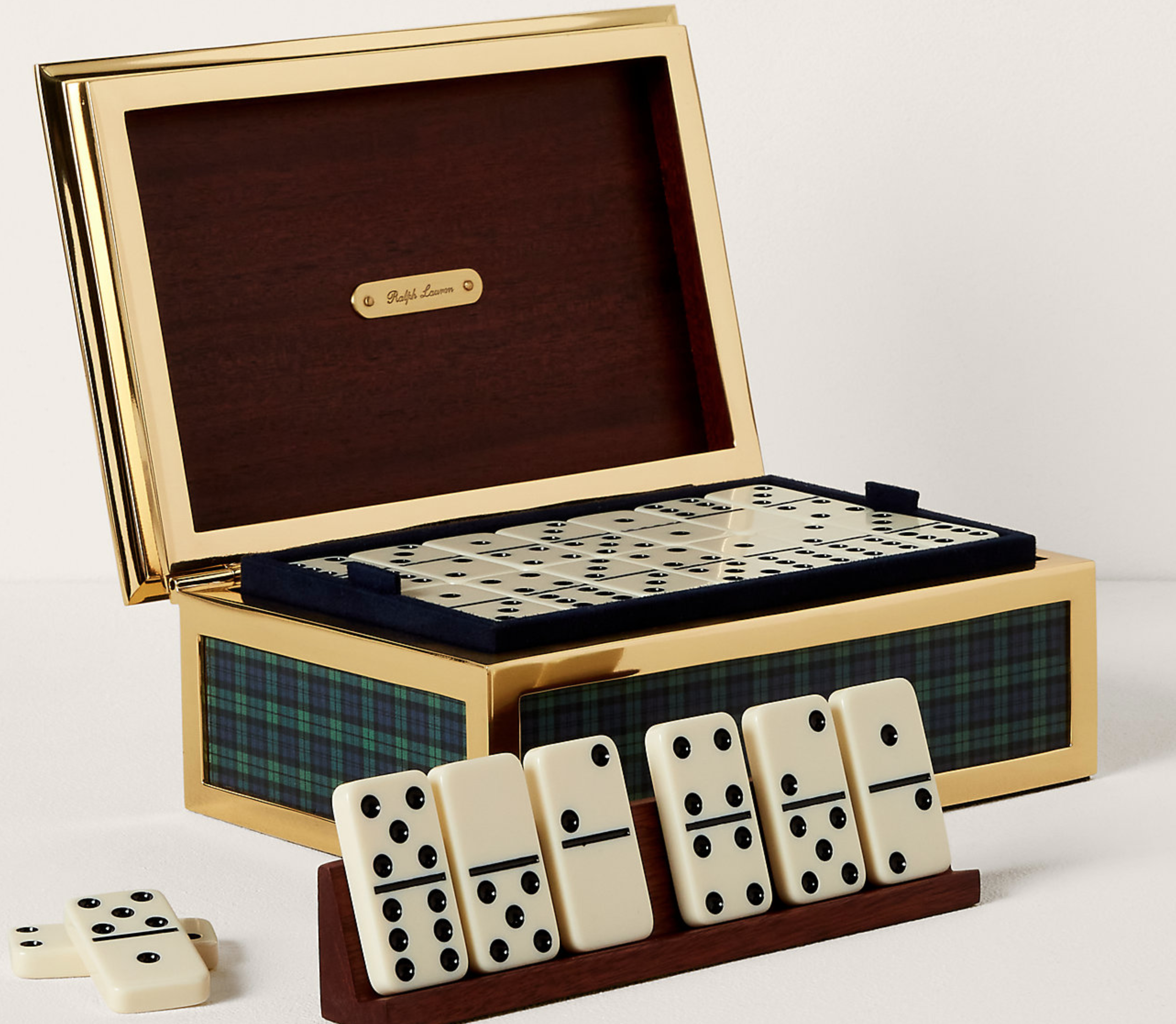 A luxury green plaid and gold domino set for unique grooms gifts available at Ralph Lauren. 