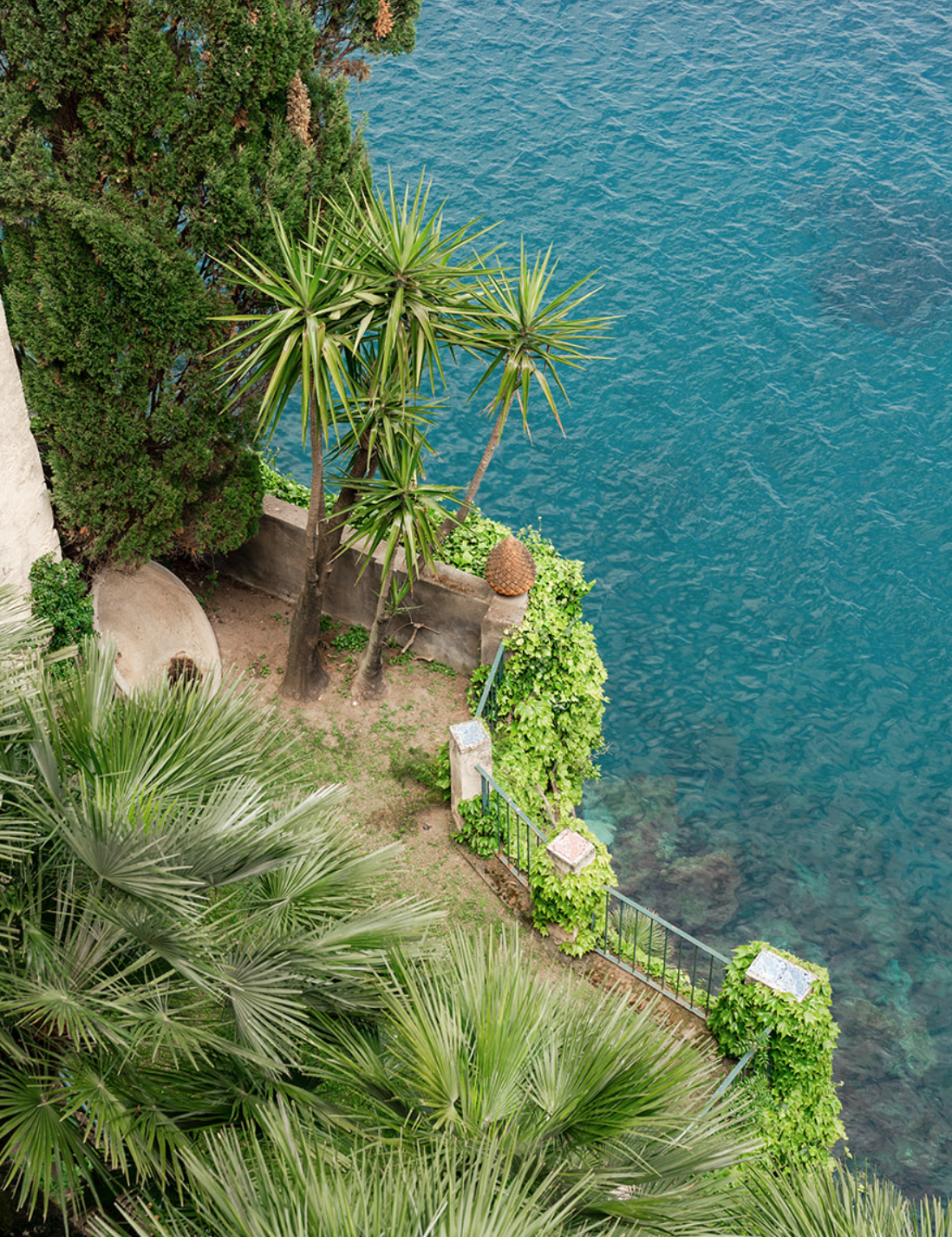 A cliff with lush greenery and palms with the ocean below it in Italy.