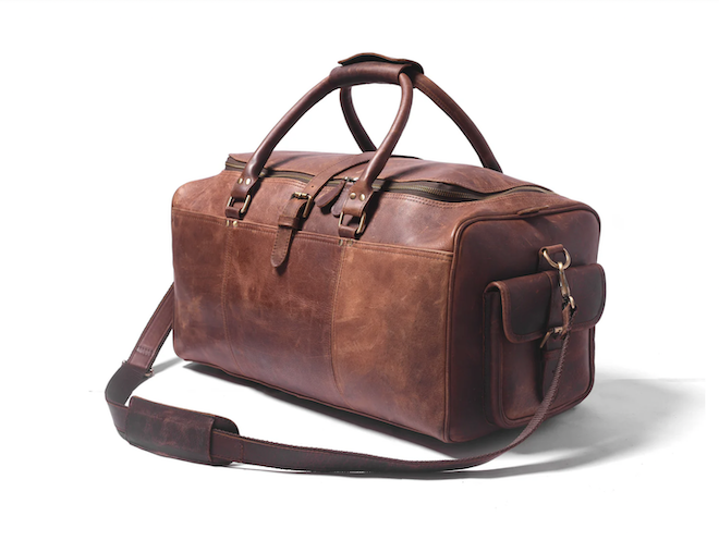 Dötch Leather brown leather duffel bag with long shoulder strap and two handles. 