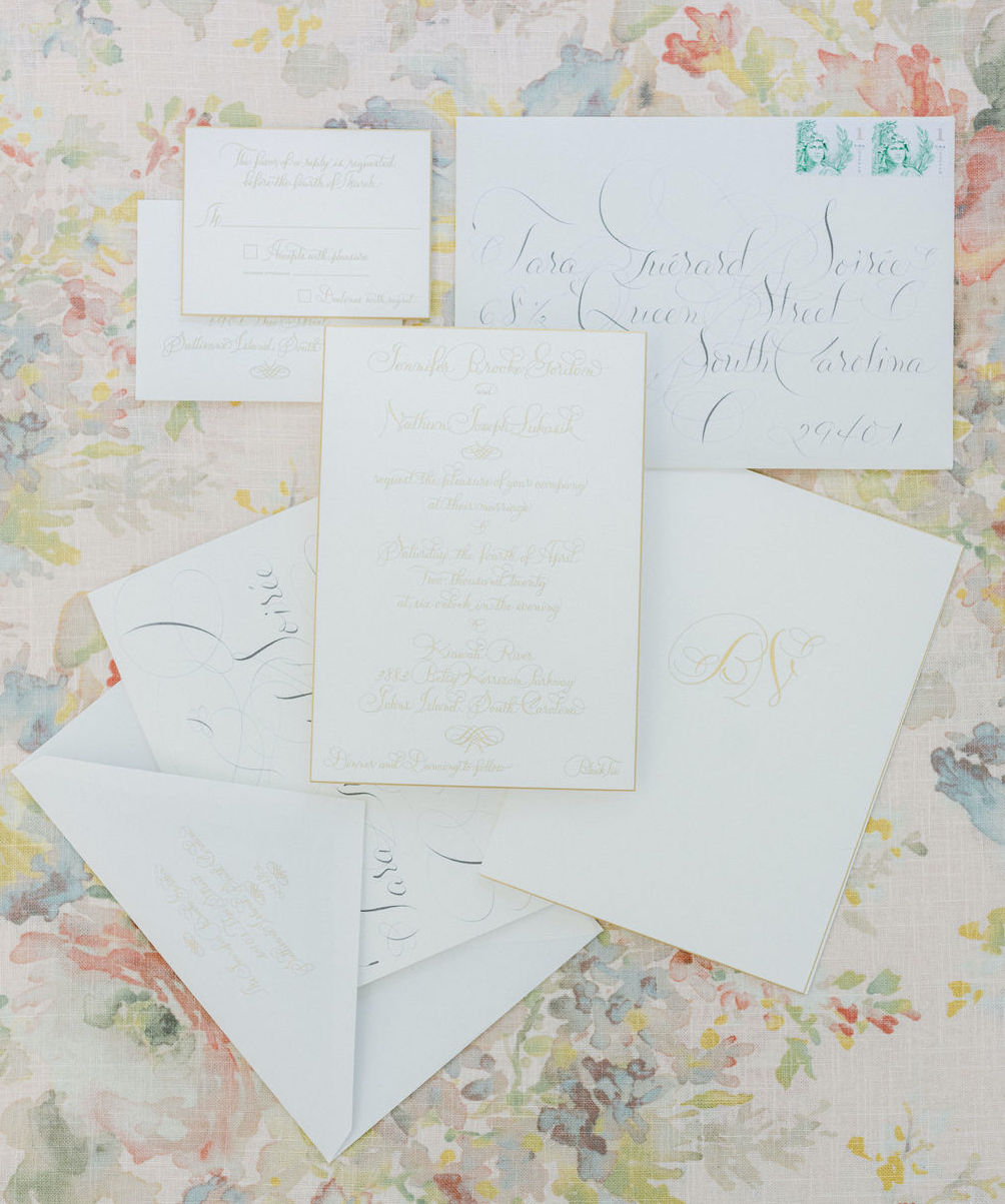 A flat-lay for a wedding in Charleston, SC planned and designed by Tara Guérard Soirée