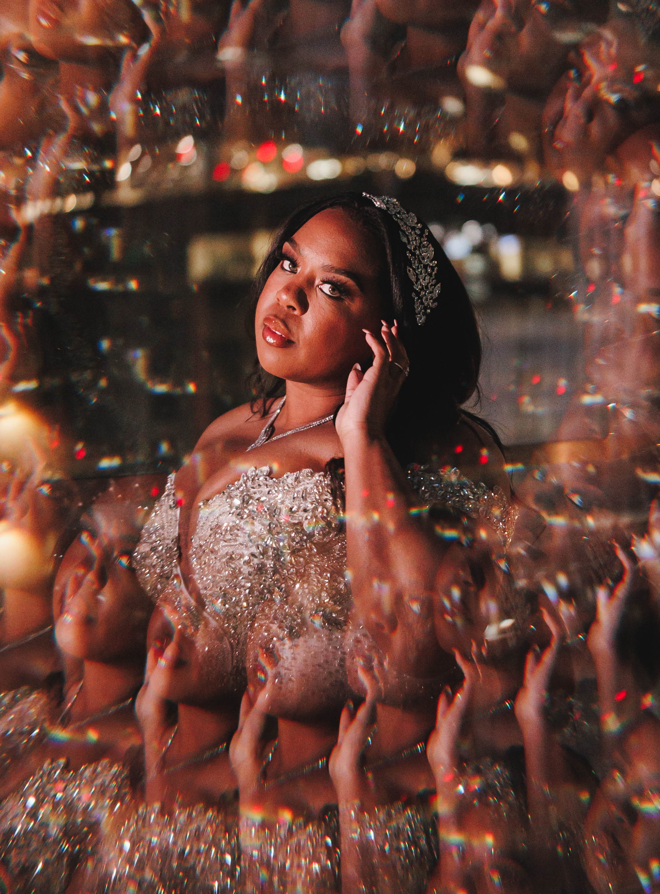 An edited photo by Ama by Aisha of bride, Ashley Turner during her Houston skyline bridal shoot.