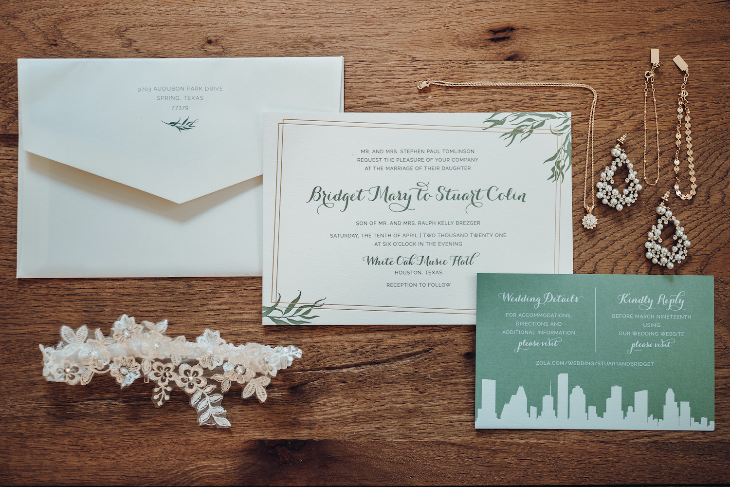 An invitation suite for a sage and green wedding at a music hall in Houston, TX.