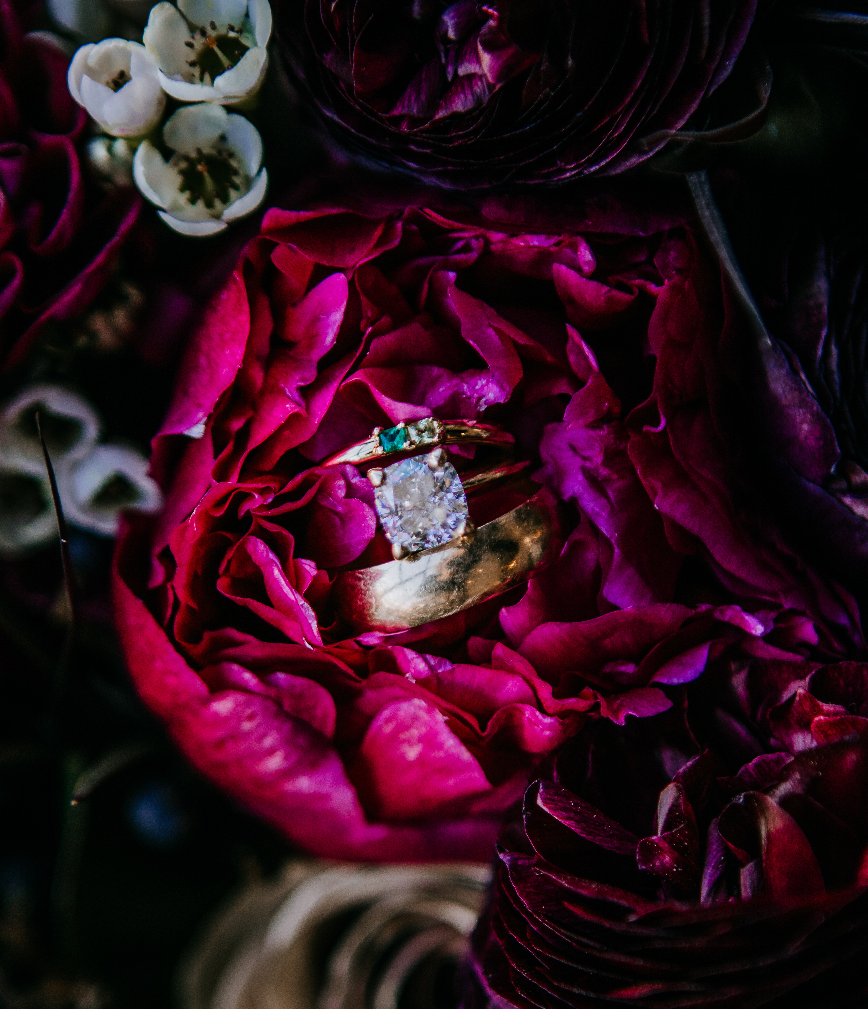 A deep magenta peony has a bride and room's wedding rings in the center of it. Jewel Toned Wedding With Art Deco Vibes