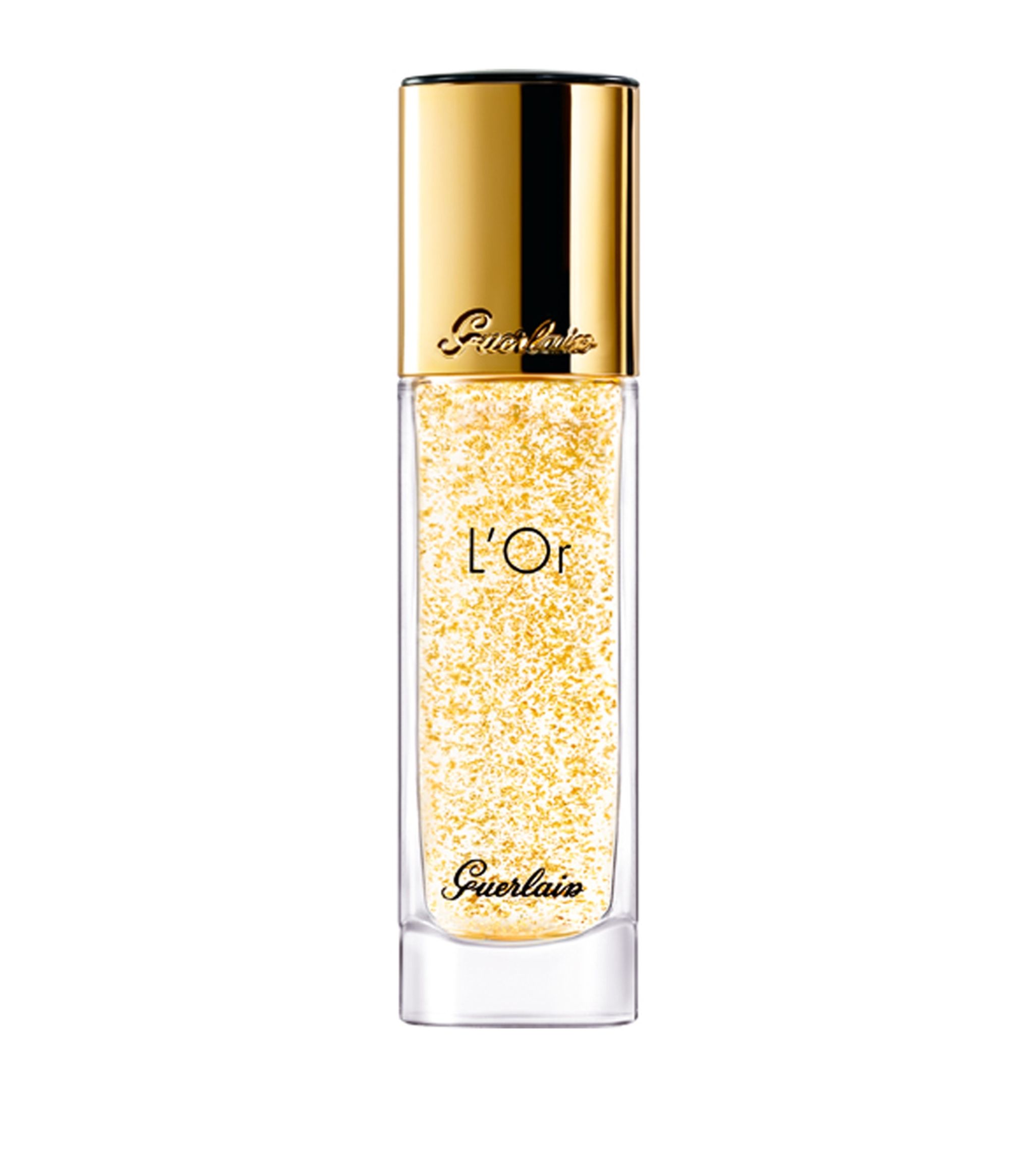 A bottle of Guerlain 24-carat gold primer designed for glowing skin.