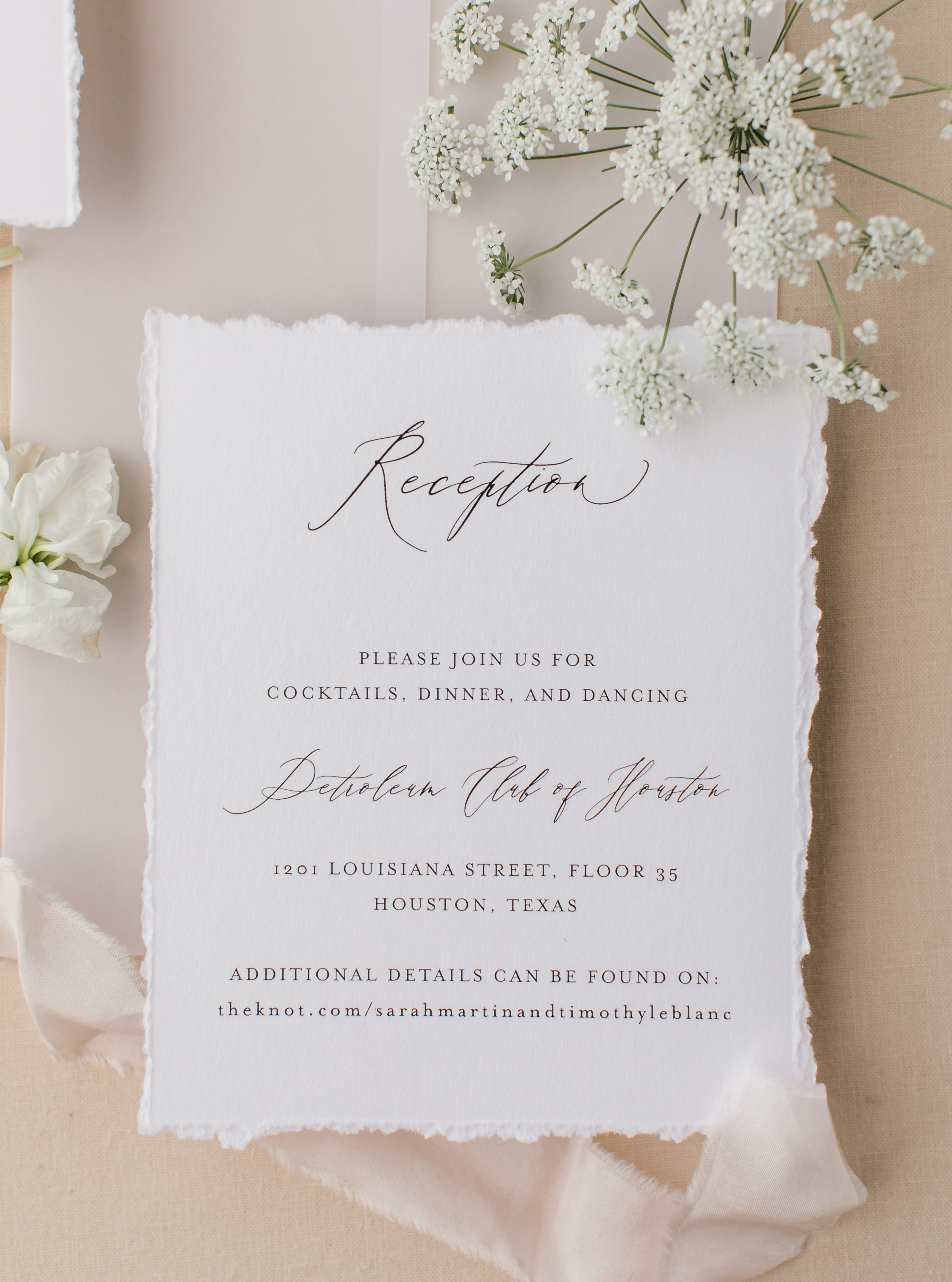 A reception invitation for an airy blush and sage wedding at The Petroleum Club in Houston.