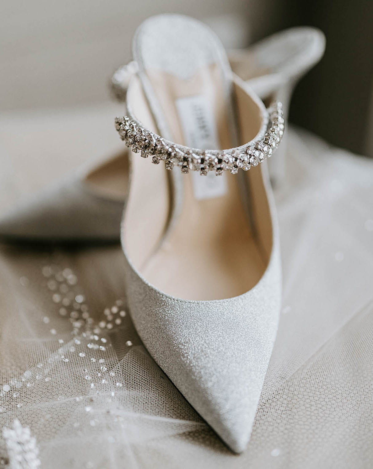 The bride's sparkling shoes have a pointed toe and a crystal-embellished strap.